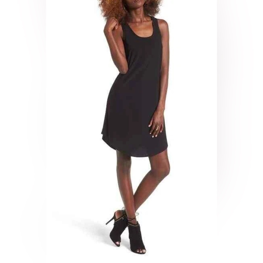 Leith Women's Black Sleeveless Midi Tank Dress w/ Side Slit Sz L Casual Stretch